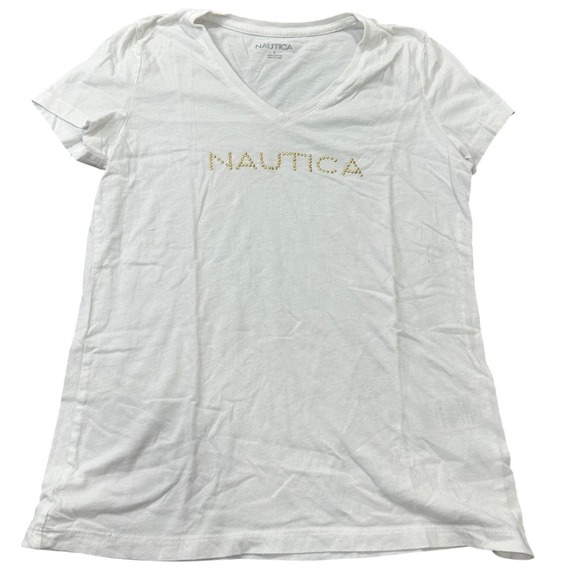 Nautica Tops - Nautica Womens White V-Neck Studded Logo T-Shirt 100% Cotton Small